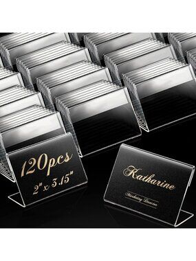 120 Pcs Mini Acrylic Display Holders - 3.15x2" L-Shaped Sign Stands for Events